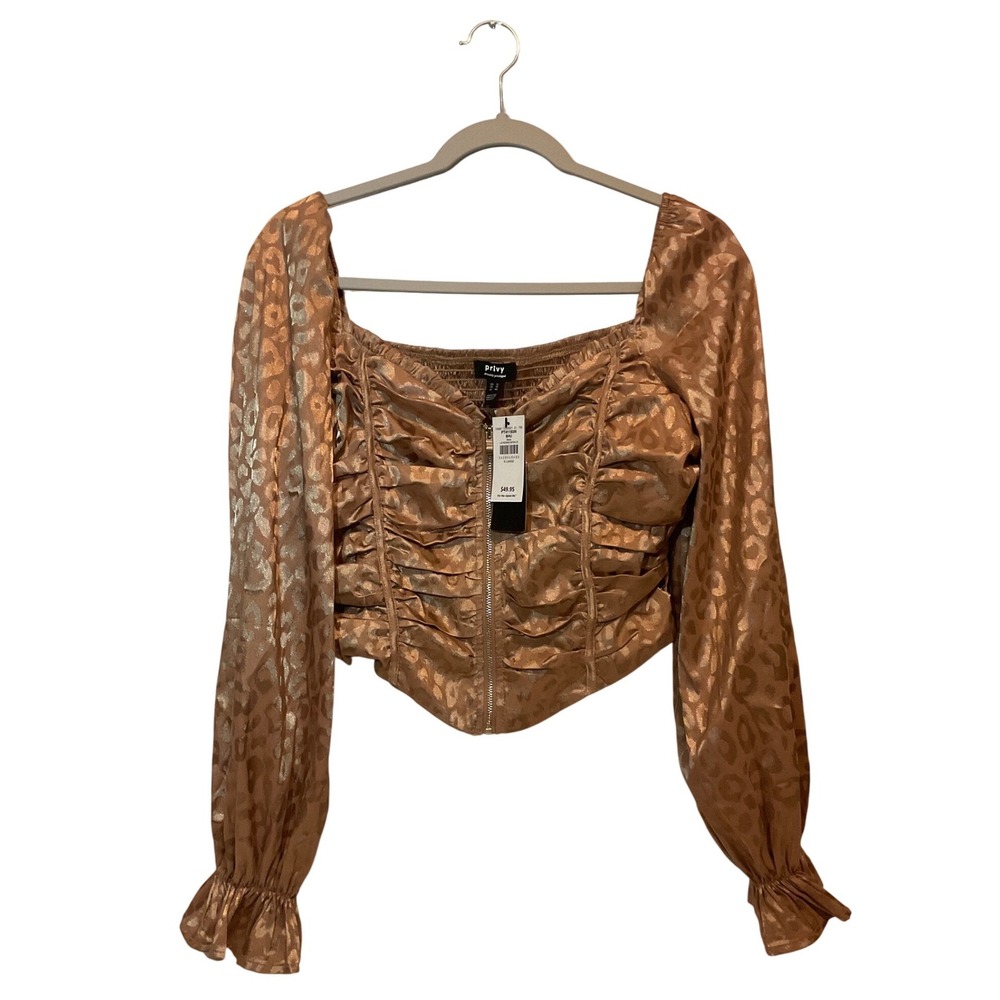 Privy Metallic Ruched Corset Crop Top Rose Gold Front Zipper XL